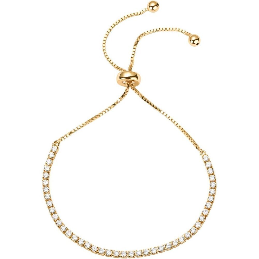 14K Gold Plated Cubic Zirconia Tennis Bracelet Women Adjustable Elegant